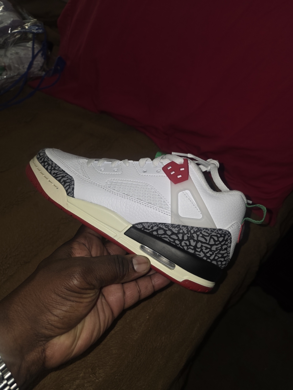 Jordan White Sneakers with Black Elephant Print and Red Accents